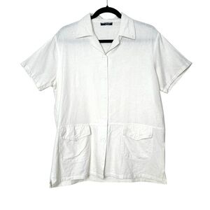 Boho Coastal White 100% Linen Short Sleeve Pocket Boxy Fit Button Down Shirt